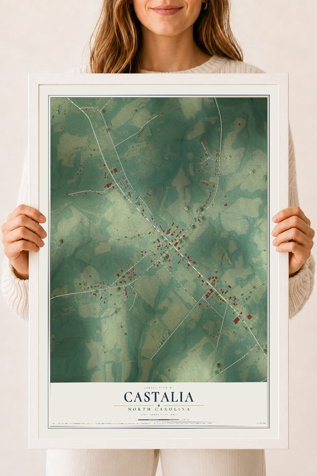 Map of Castalia, North Carolina, 18 x 24 inch print in a white wood frame