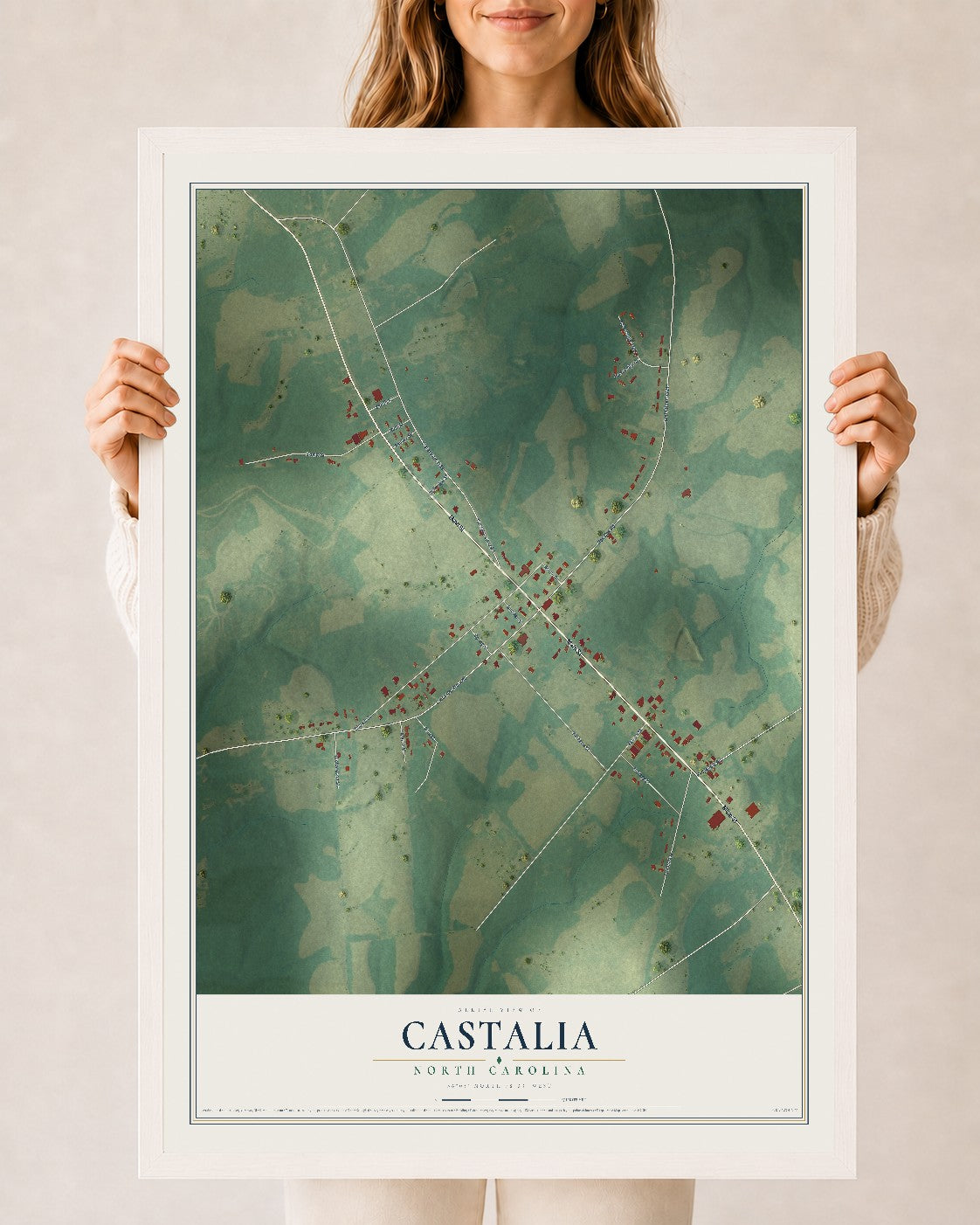 Map of Castalia, North Carolina, 24 x 36 inch print in a white wood frame