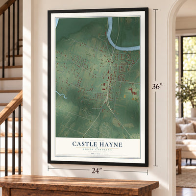 Castle Hayne, North Carolina map, 24 x 36 inch print in a black frame by a staircase