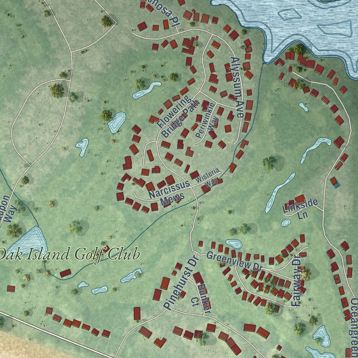 Close-up of the map of Caswell Beach, North Carolina print showing street and building detail