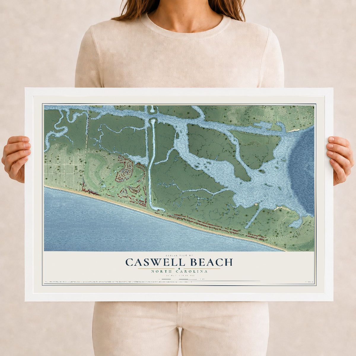 Map of Caswell Beach, North Carolina, 12 x 18 inch print in a white wood frame