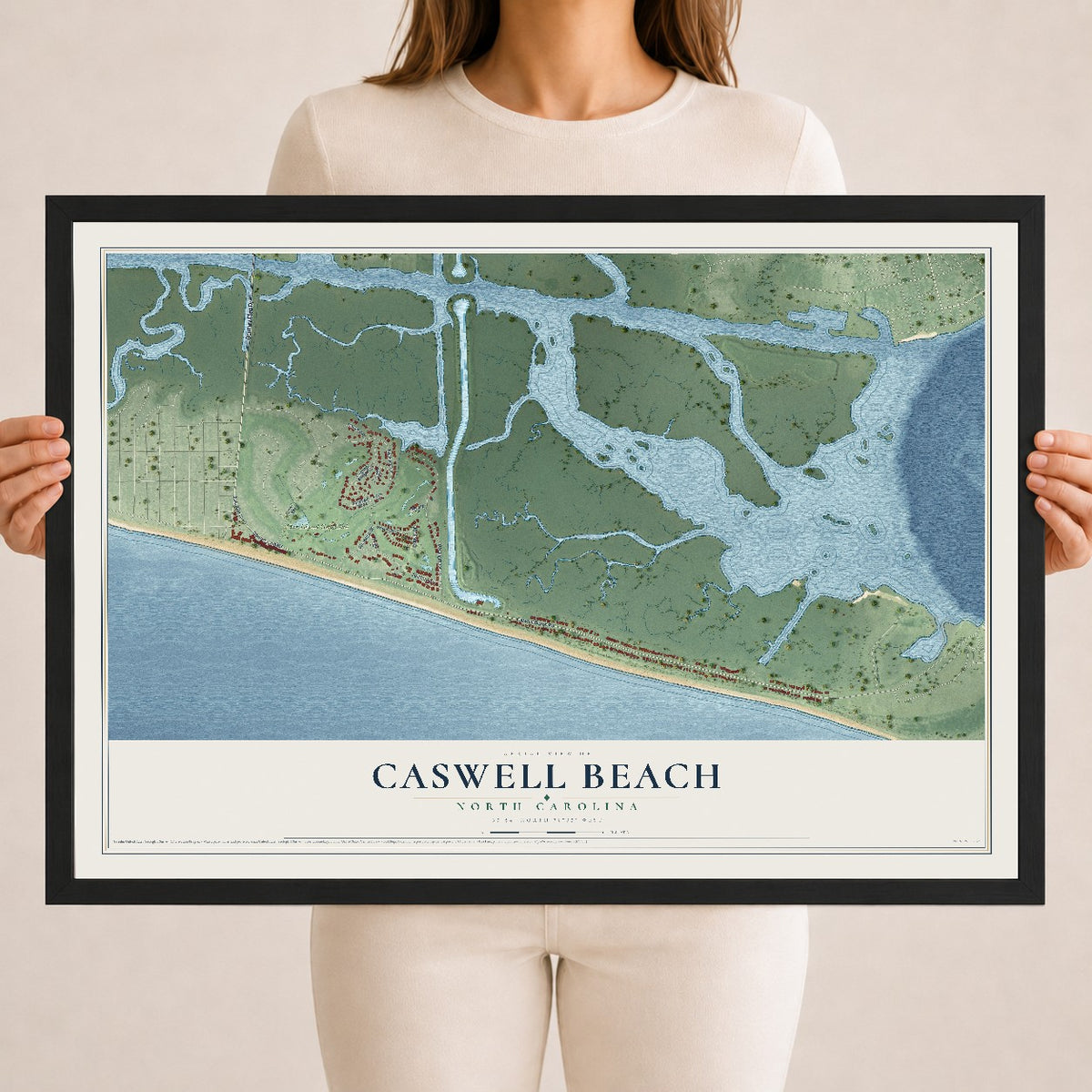 Map of Caswell Beach, North Carolina, 18 x 24 inch print in a black wood frame
