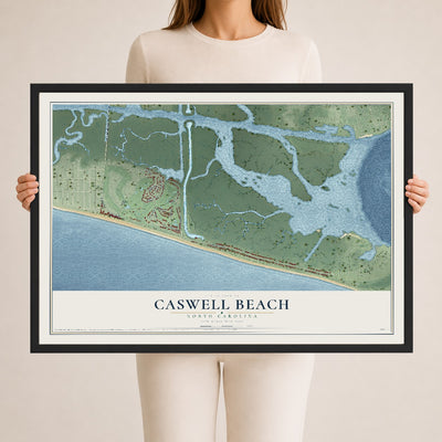 Map of Caswell Beach, North Carolina, 24 x 36 inch print in a black wood frame