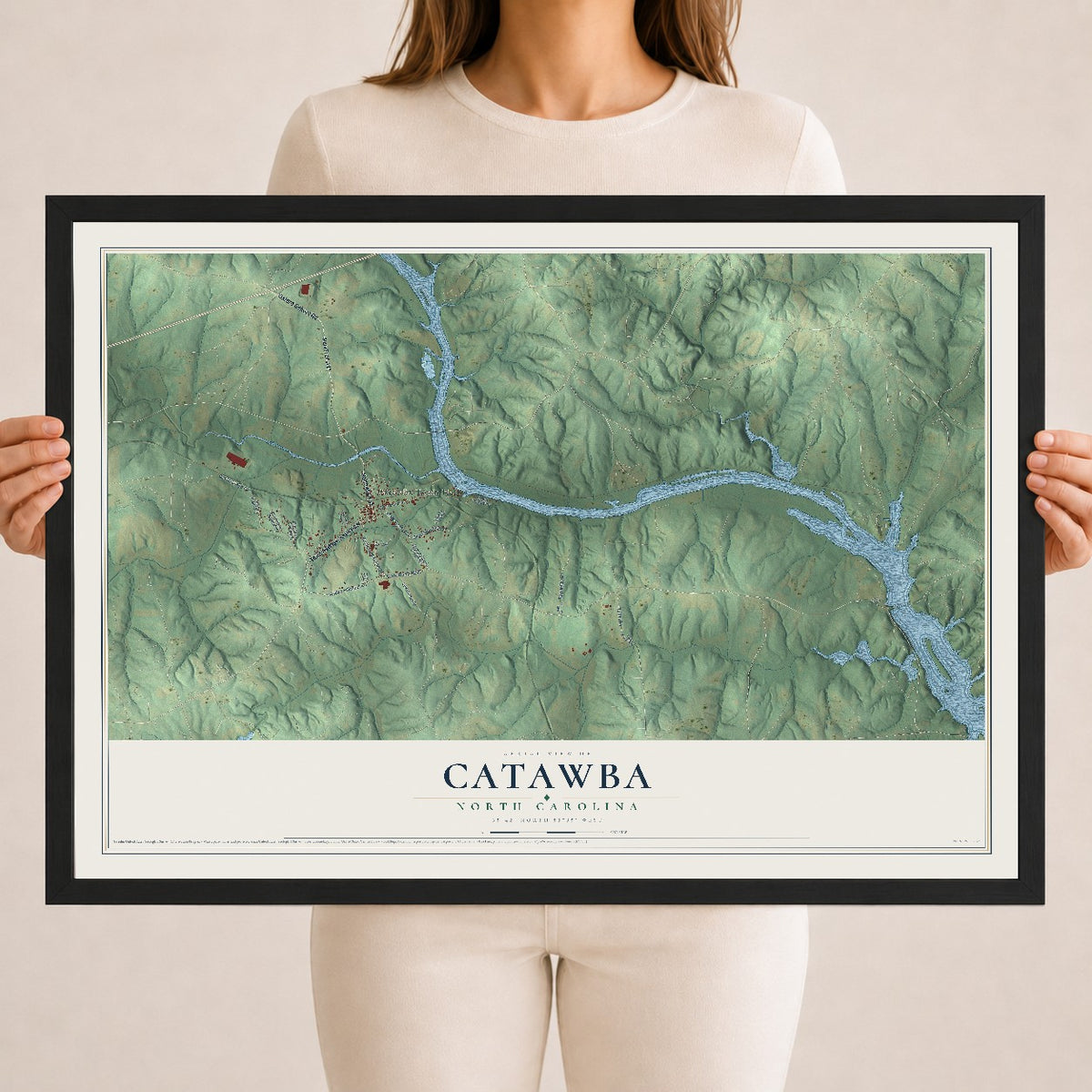Map of Catawba, North Carolina, 18 x 24 inch print in a black wood frame