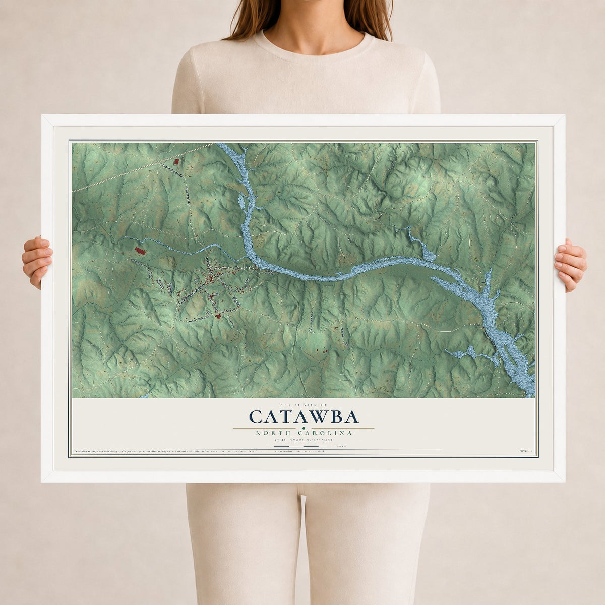 Map of Catawba, North Carolina, 24 x 36 inch print in a white wood frame
