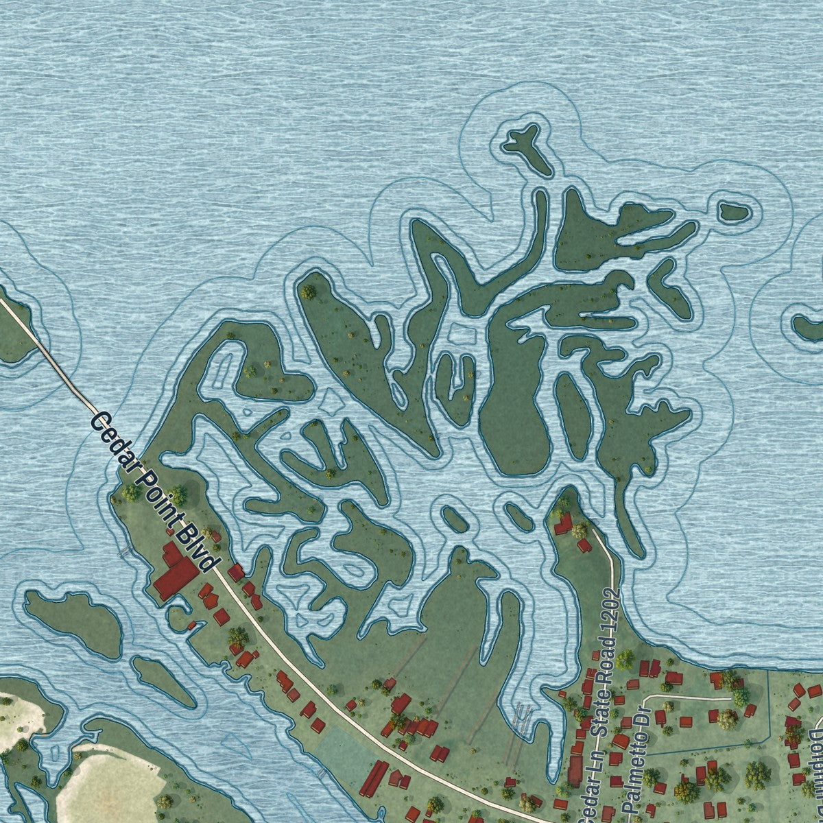 Second close-up of the map of Cedar Point, North Carolina print showing more streets and buildings