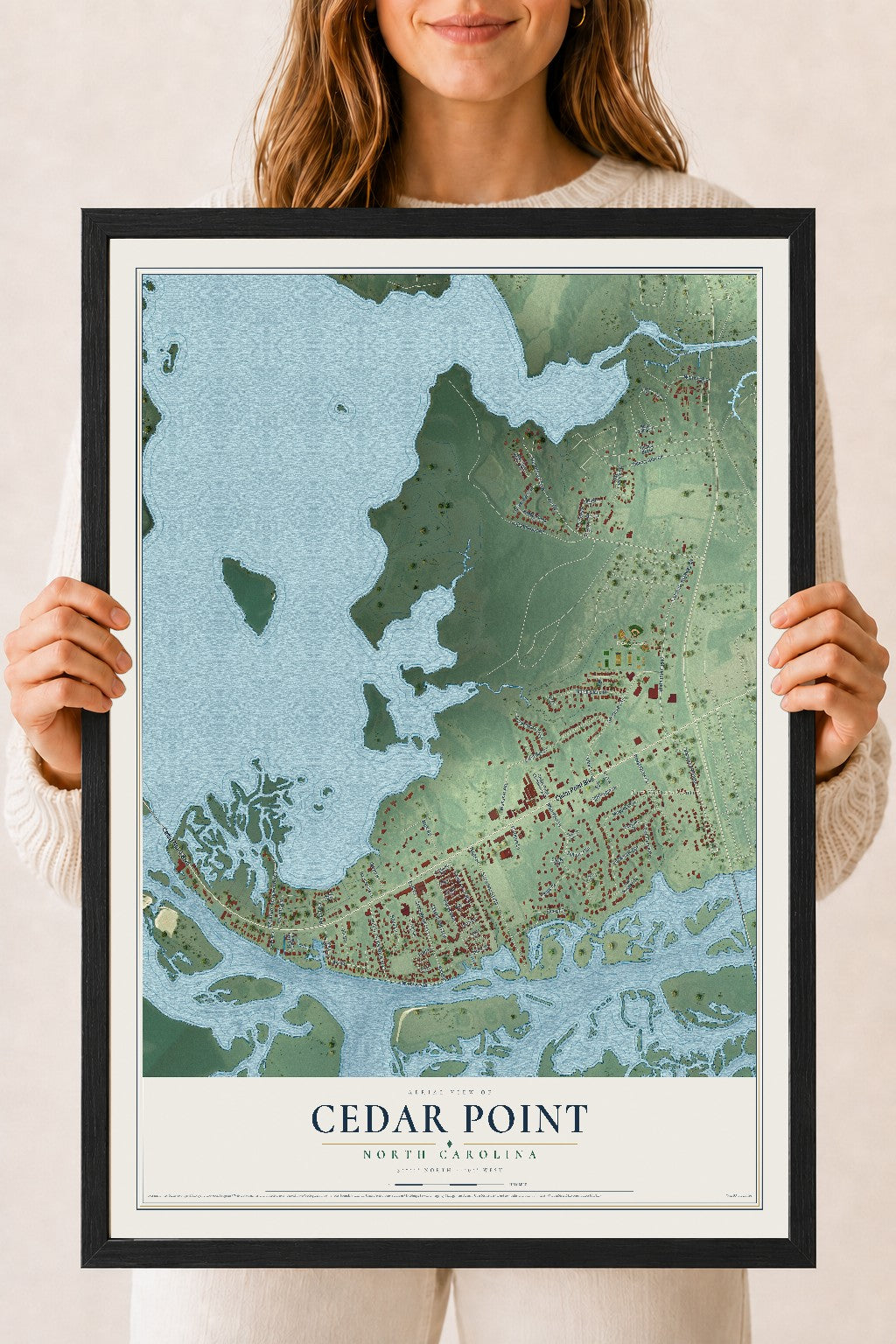 Map of Cedar Point, North Carolina, 18 x 24 inch print in a black wood frame