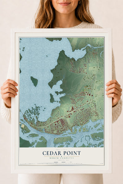 Map of Cedar Point, North Carolina, 18 x 24 inch print in a white wood frame