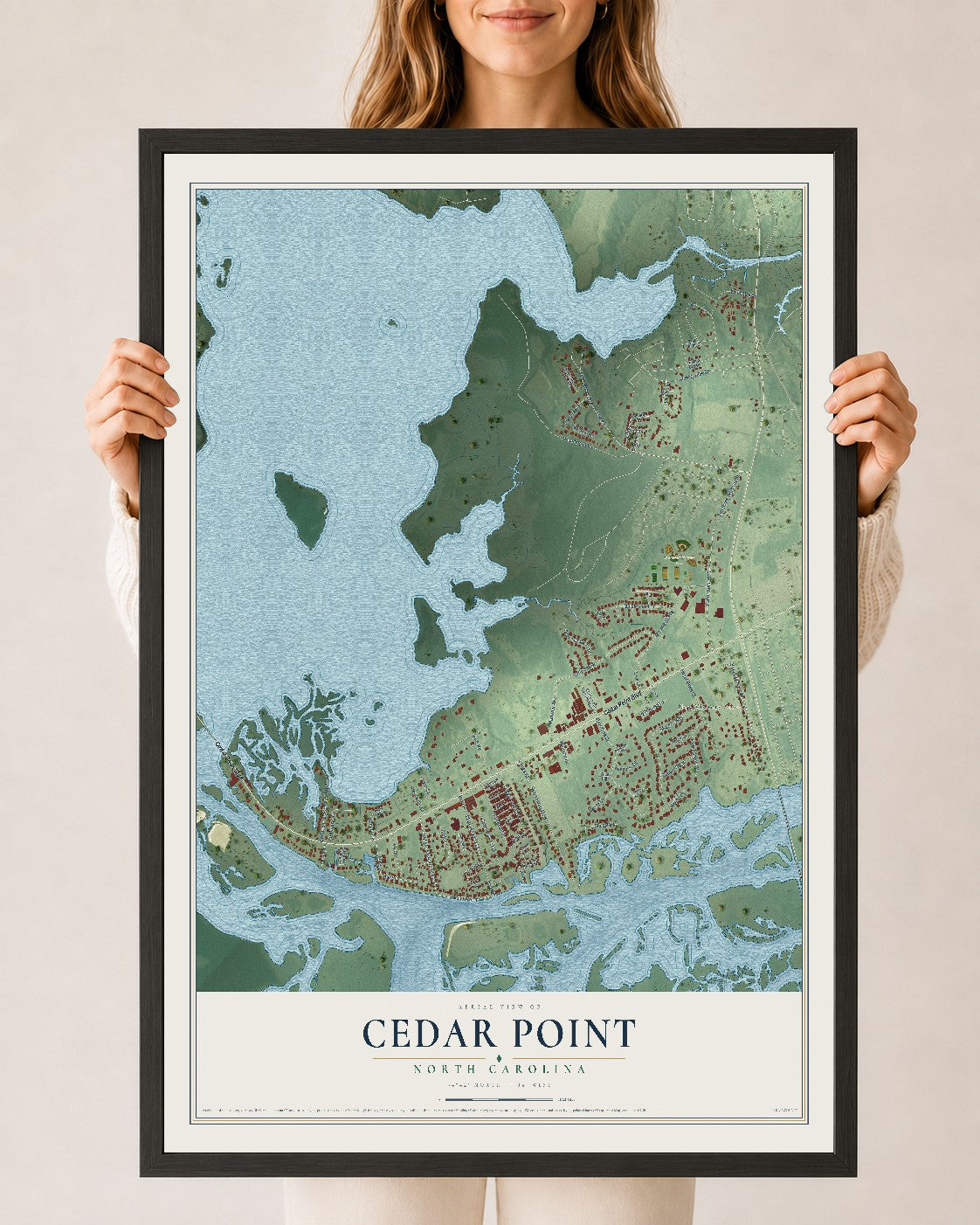 Map of Cedar Point, North Carolina, 24 x 36 inch print in a black wood frame