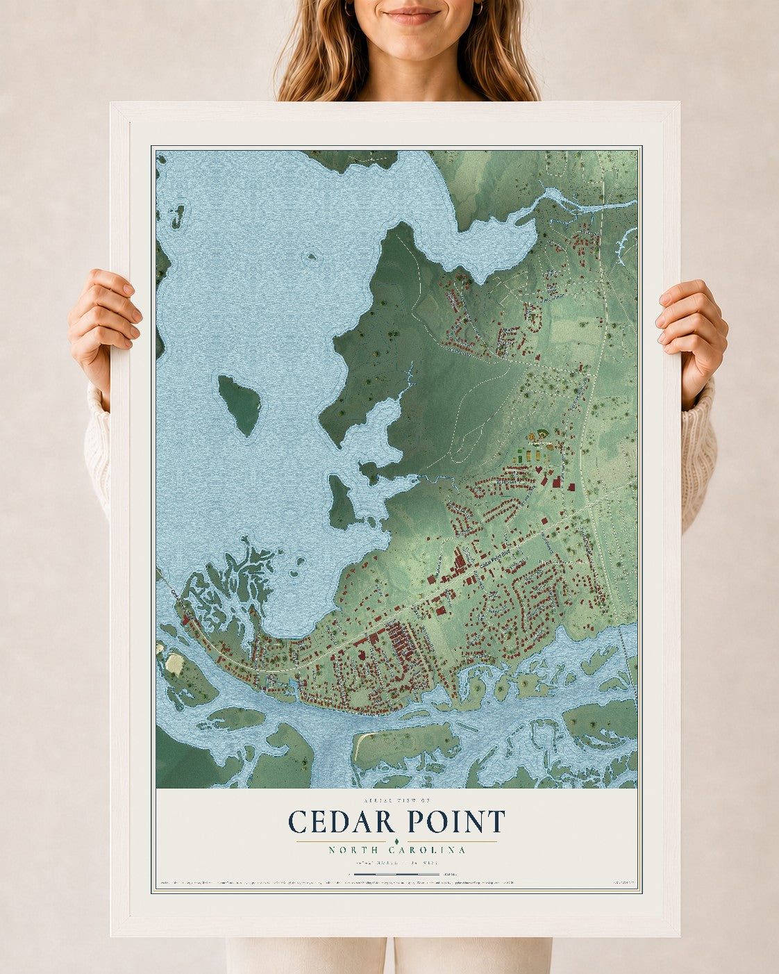 Map of Cedar Point, North Carolina, 24 x 36 inch print in a white wood frame