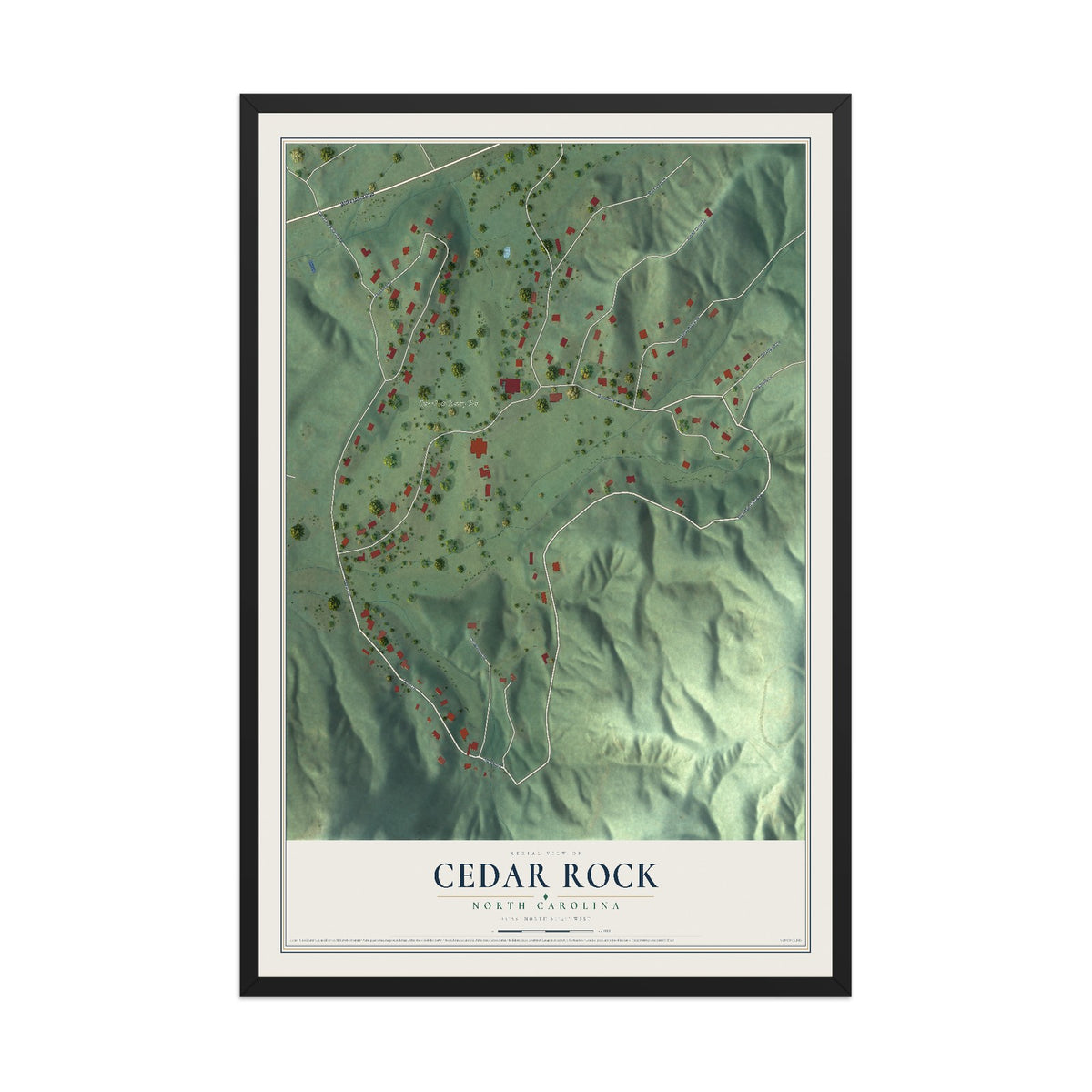 Map of Cedar Rock, North Carolina, 12 x 18 inch print in a black wood frame