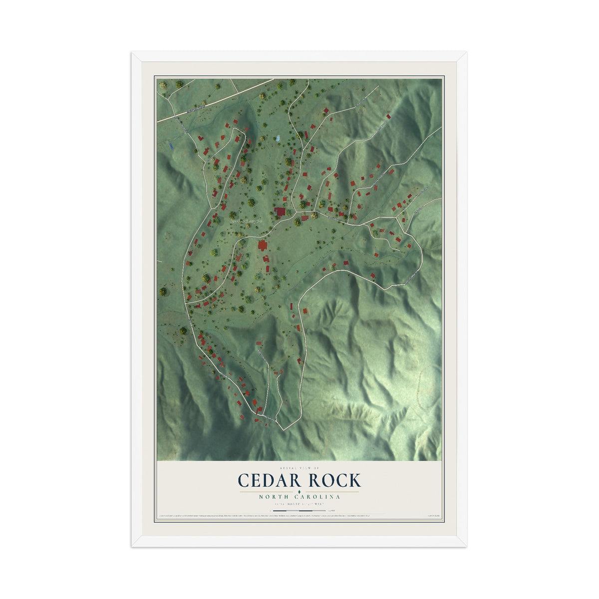 Map of Cedar Rock, North Carolina, 12 x 18 inch print in a white wood frame