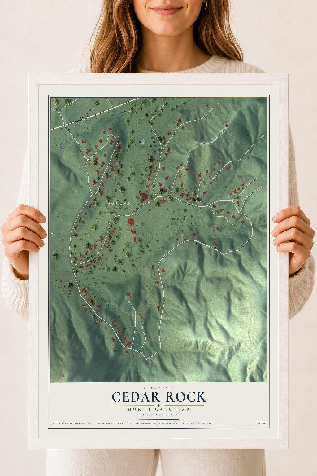 Map of Cedar Rock, North Carolina, 18 x 24 inch print in a white wood frame