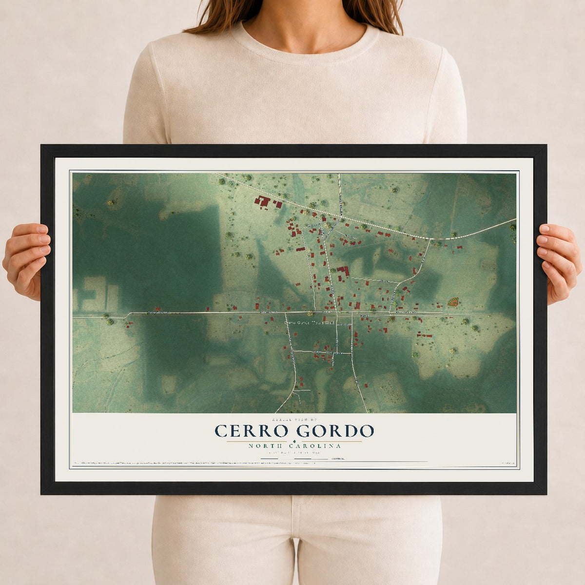 Map of Cerro Gordo, North Carolina, 12 x 18 inch print in a black wood frame