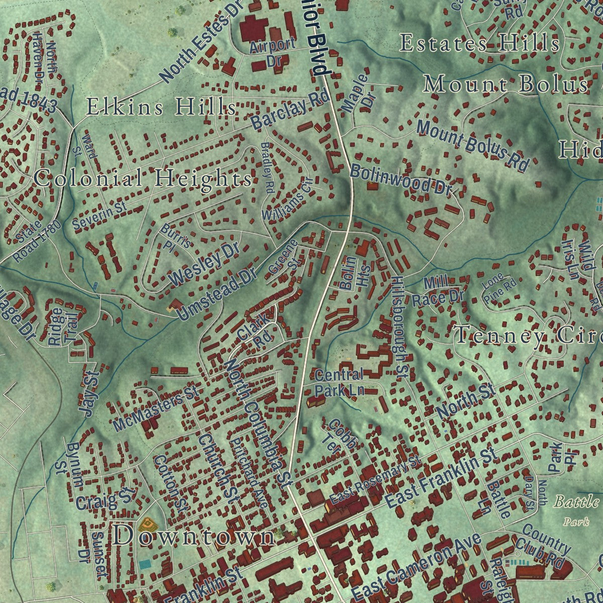 Close-up of the map of Chapel Hill, North Carolina print showing street and building detail