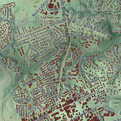 Close-up of the map of Chapel Hill, North Carolina print showing street and building detail