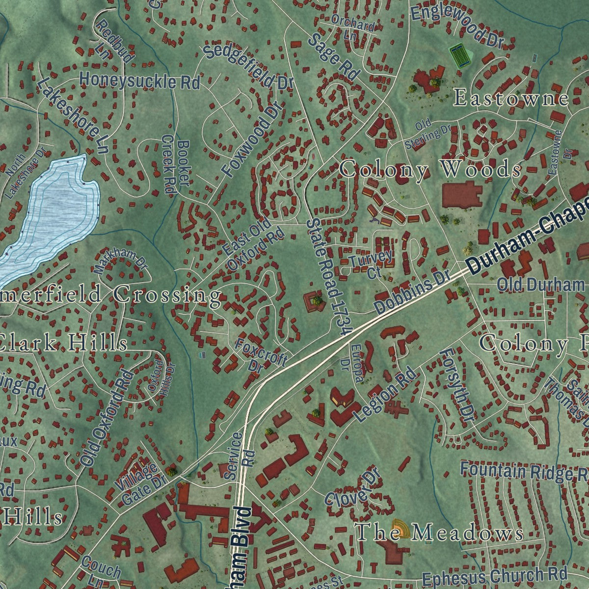 Second close-up of the map of Chapel Hill, North Carolina print showing more streets and buildings