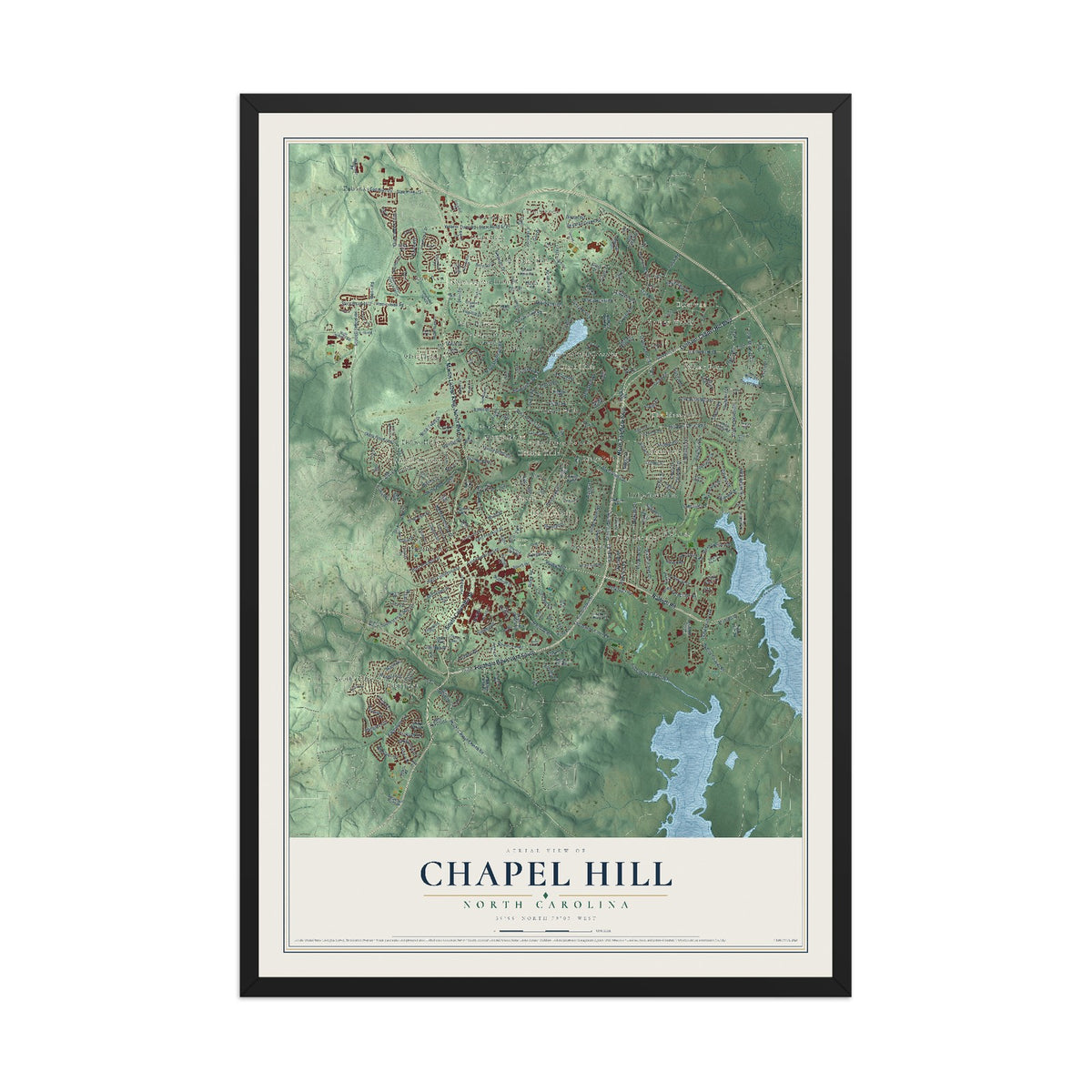Map of Chapel Hill, North Carolina, 12 x 18 inch print in a black wood frame