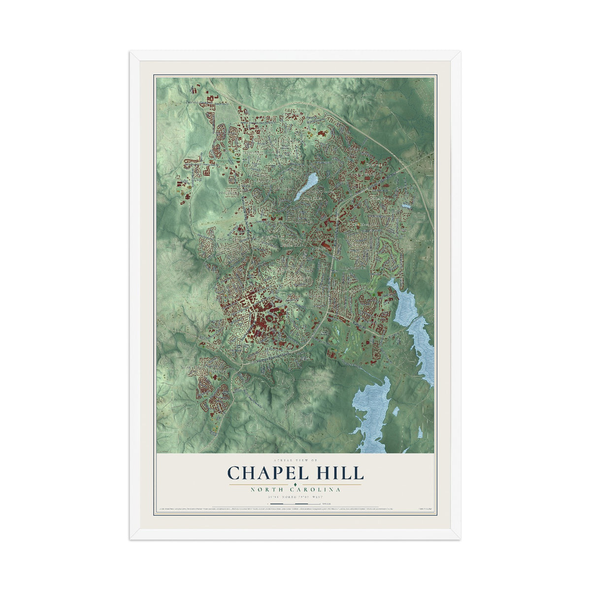 Map of Chapel Hill, North Carolina, 12 x 18 inch print in a white wood frame
