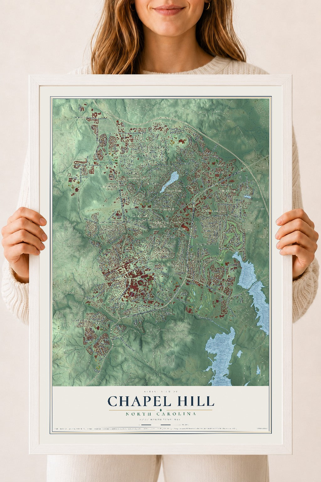 Map of Chapel Hill, North Carolina, 18 x 24 inch print in a white wood frame