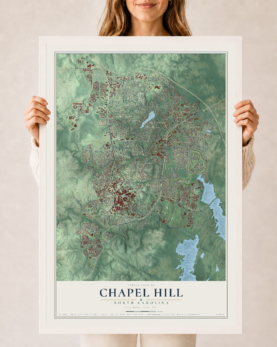 Map of Chapel Hill, North Carolina, 24 x 36 inch print in a white wood frame
