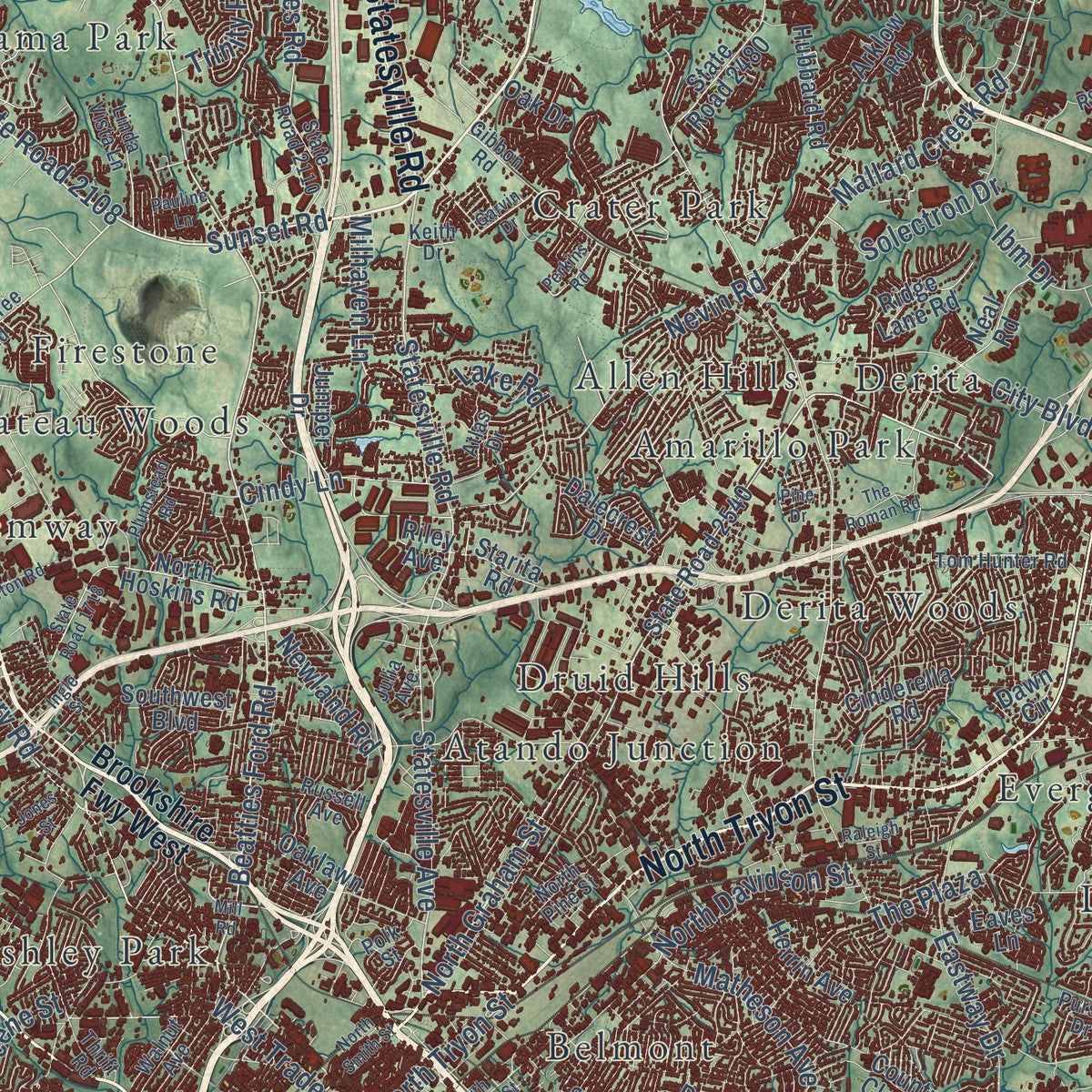 Close-up of the map of Charlotte, North Carolina print showing street and building detail