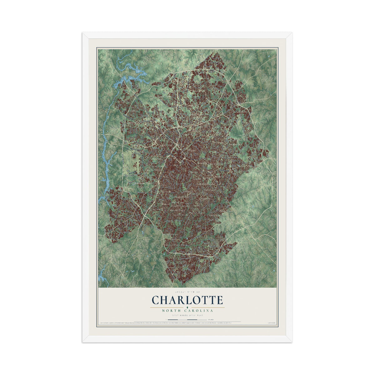 Map of Charlotte, North Carolina, 12 x 18 inch print in a white wood frame