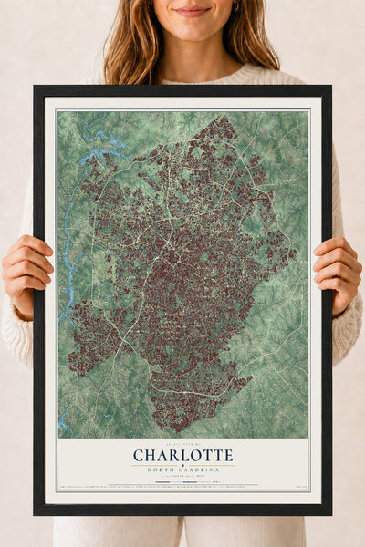 Map of Charlotte, North Carolina, 18 x 24 inch print in a black wood frame