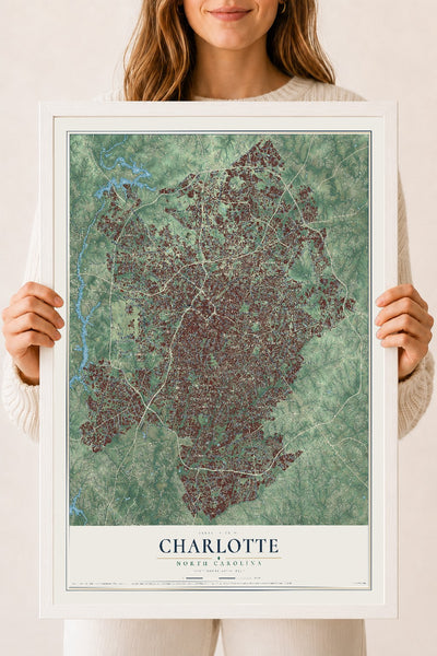 Map of Charlotte, North Carolina, 18 x 24 inch print in a white wood frame