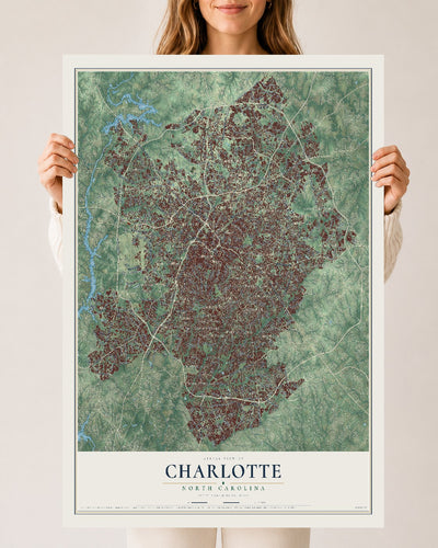 Map of Charlotte, North Carolina, 24 x 36 inch unframed archival matte print