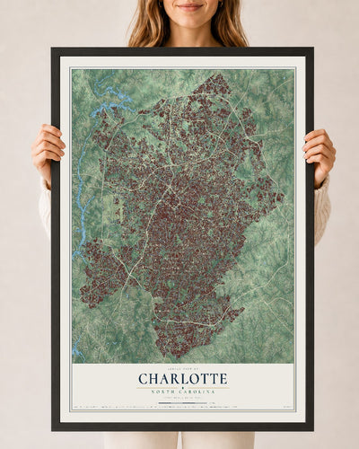 Map of Charlotte, North Carolina, 24 x 36 inch print in a black wood frame