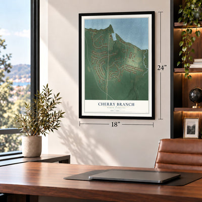 Cherry Branch, North Carolina map, 18 x 24 inch print in a black frame in a home office