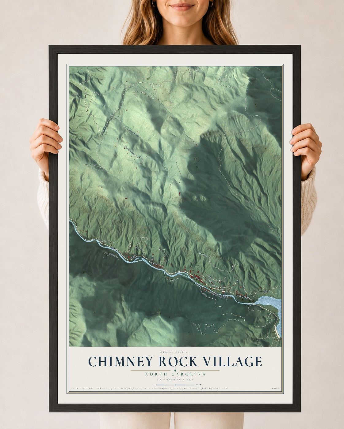 Map of Chimney Rock Village, North Carolina, 24 x 36 inch print in a black wood frame