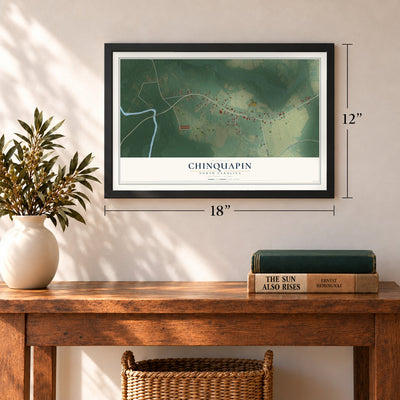 Chinquapin, North Carolina map, 12 x 18 inch print in a black frame in an entryway