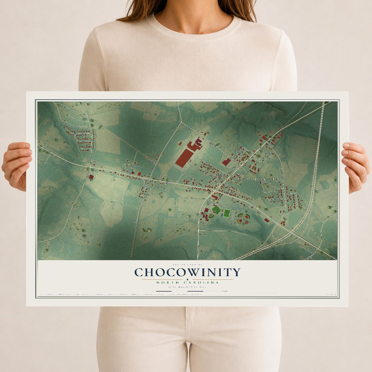 Map of Chocowinity, North Carolina, 12 x 18 inch unframed archival matte print