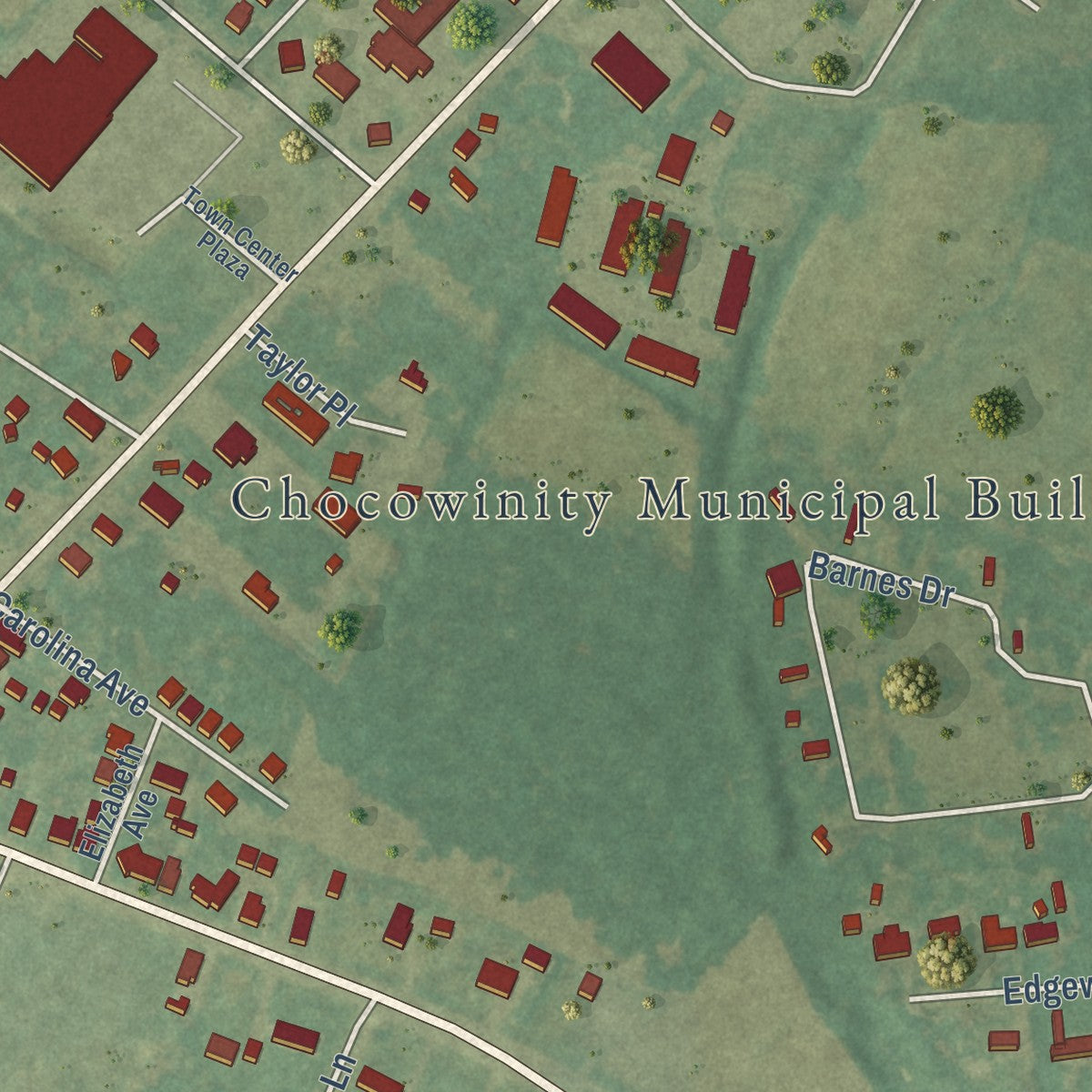Close-up of the map of Chocowinity, North Carolina print showing street and building detail