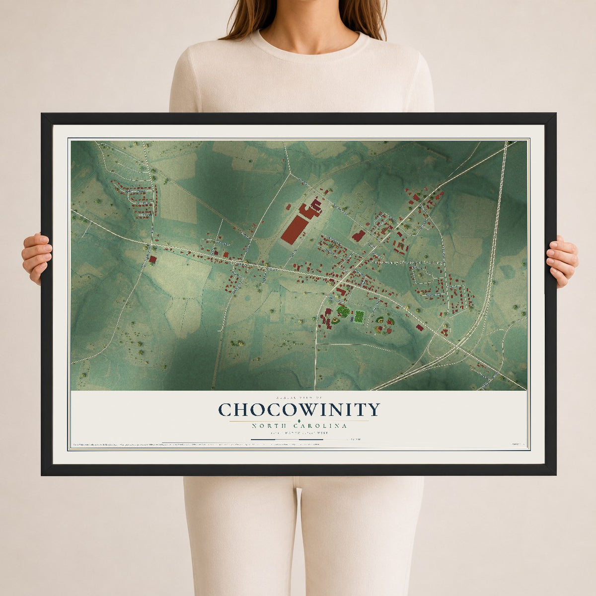 Map of Chocowinity, North Carolina, 24 x 36 inch print in a black wood frame