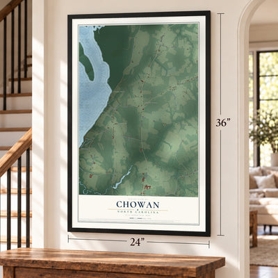 Chowan, North Carolina map, 24 x 36 inch print in a black frame by a staircase