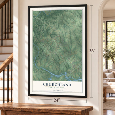 Churchland, North Carolina map, 24 x 36 inch print in a black frame by a staircase