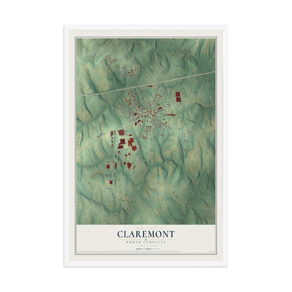 Map of Claremont, North Carolina, 12 x 18 inch print in a white wood frame