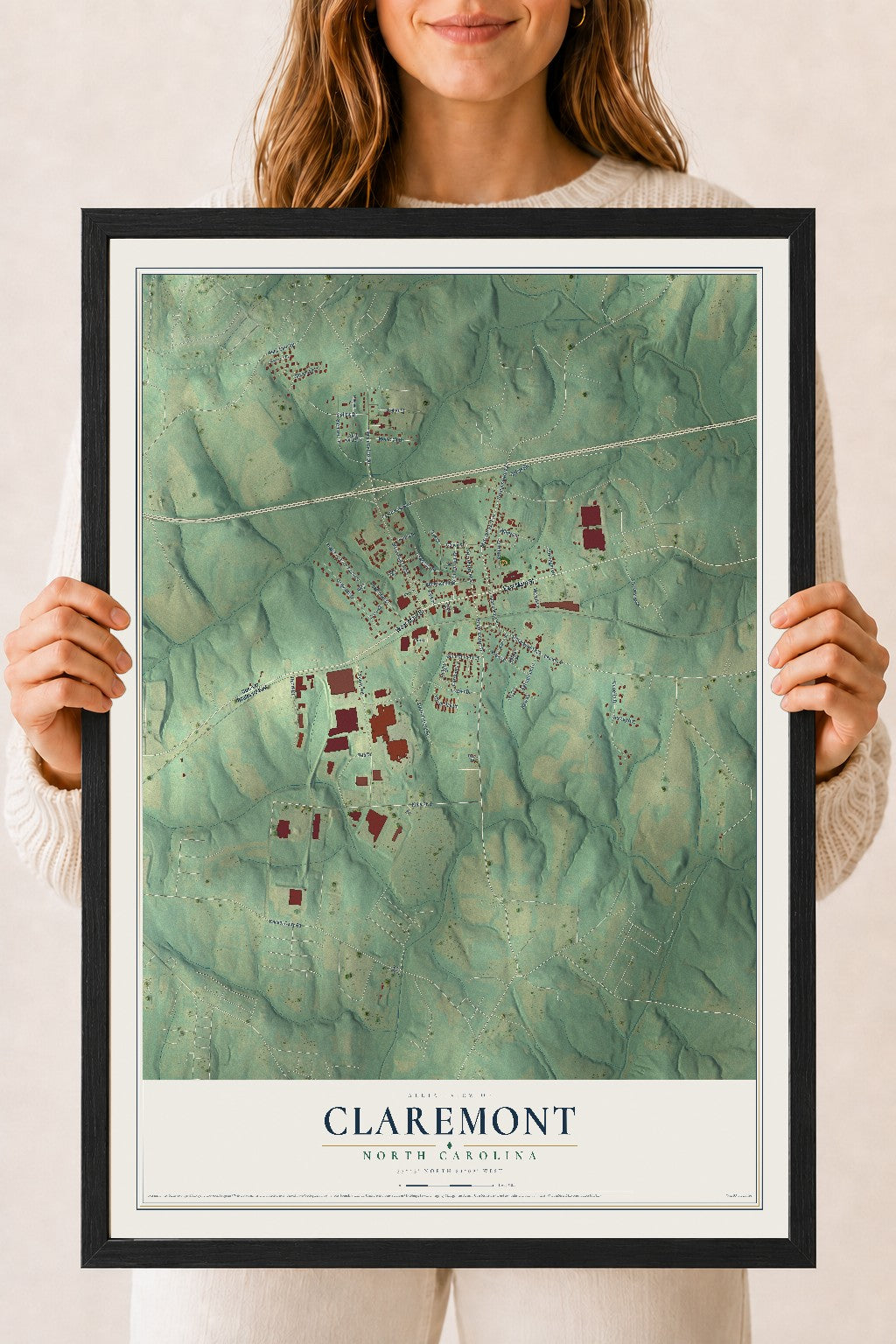 Map of Claremont, North Carolina, 18 x 24 inch print in a black wood frame