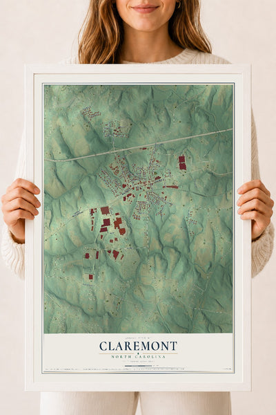 Map of Claremont, North Carolina, 18 x 24 inch print in a white wood frame