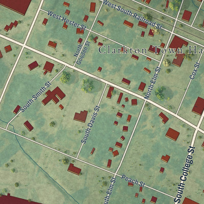 Close-up of the map of Clarkton, North Carolina print showing street and building detail