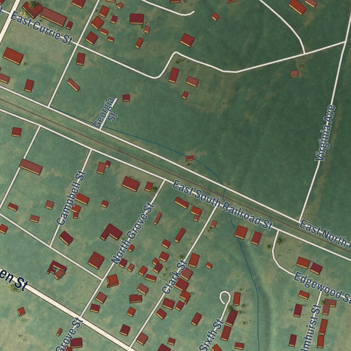 Second close-up of the map of Clarkton, North Carolina print showing more streets and buildings