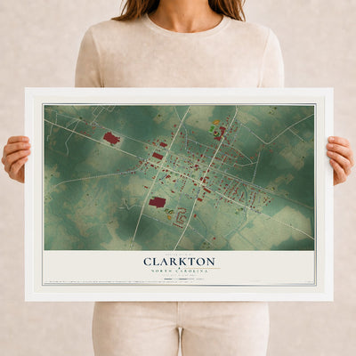 Map of Clarkton, North Carolina, 12 x 18 inch print in a white wood frame