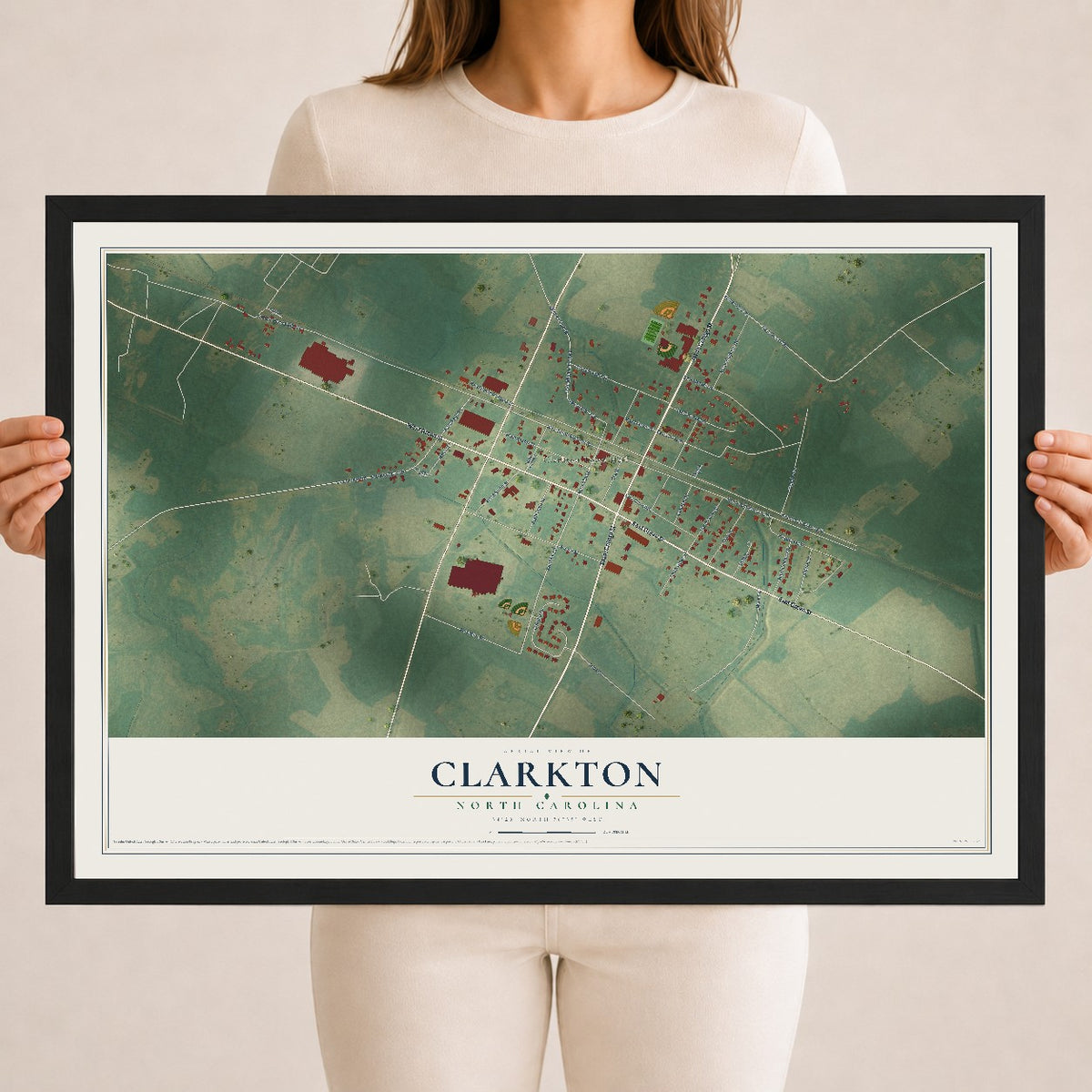 Map of Clarkton, North Carolina, 18 x 24 inch print in a black wood frame