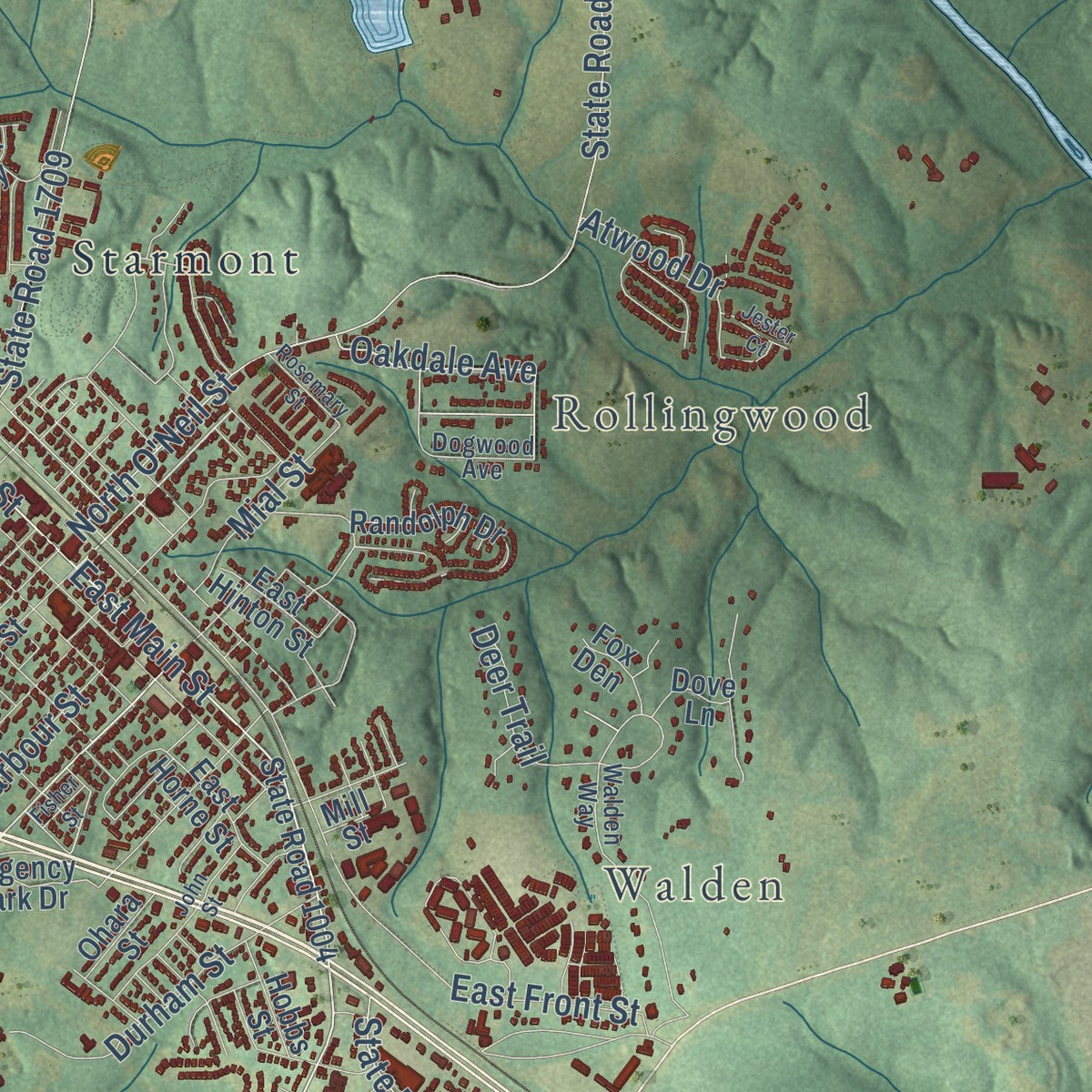 Second close-up of the map of Clayton, North Carolina print showing more streets and buildings