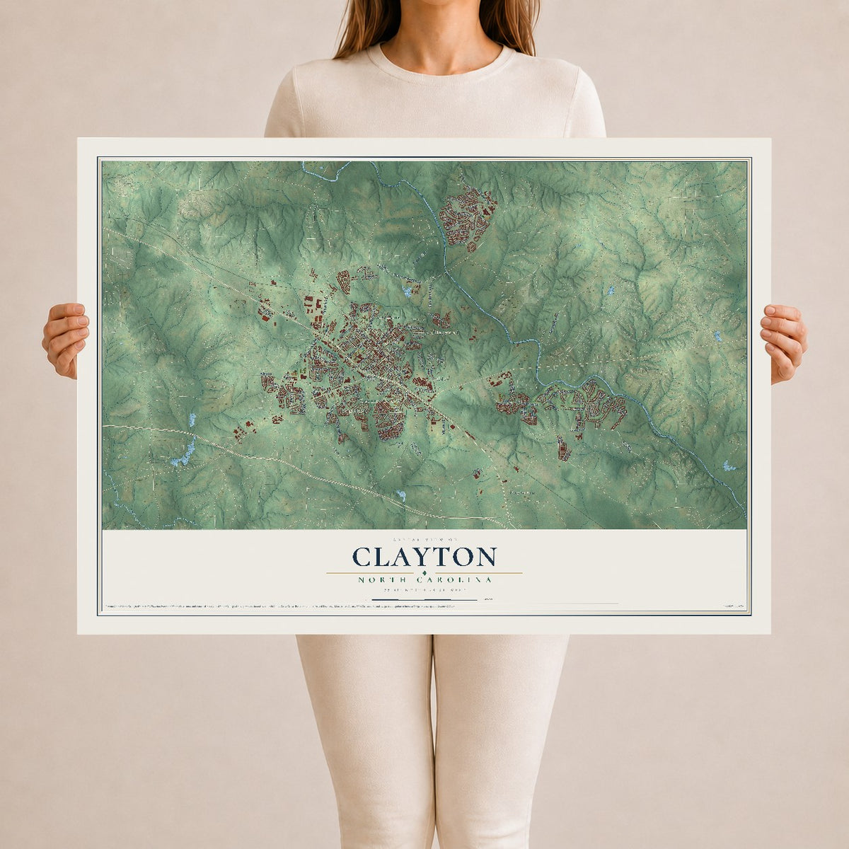 Map of Clayton, North Carolina, 24 x 36 inch unframed archival matte print