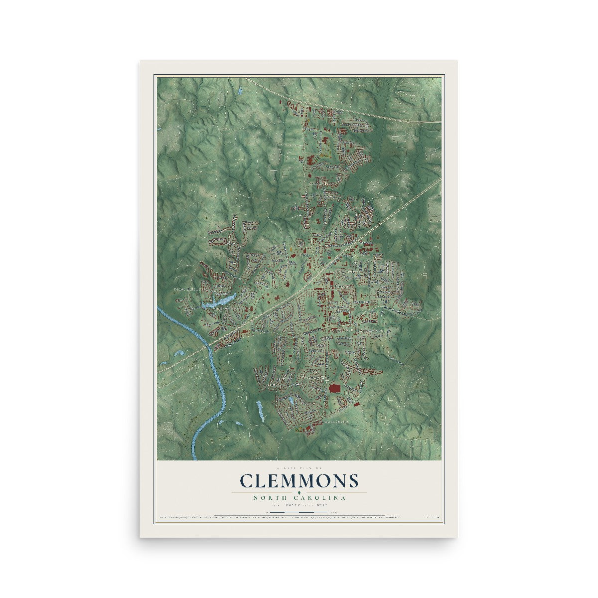 Map of Clemmons, North Carolina, 12 x 18 inch unframed archival matte print