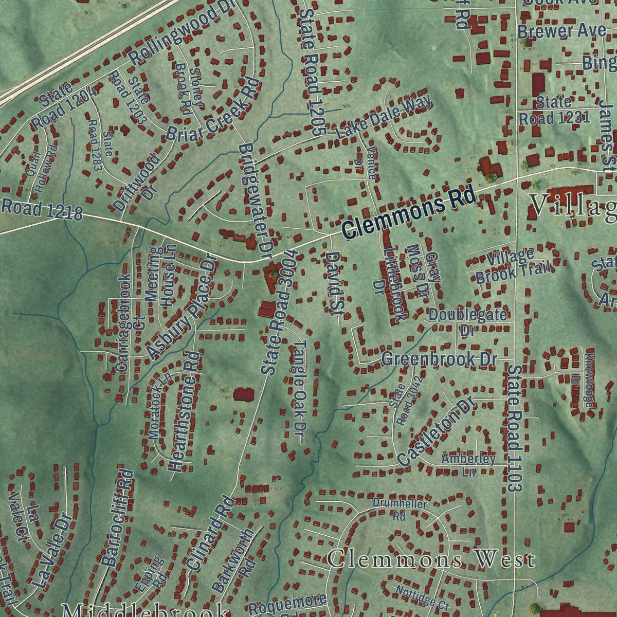 Second close-up of the map of Clemmons, North Carolina print showing more streets and buildings